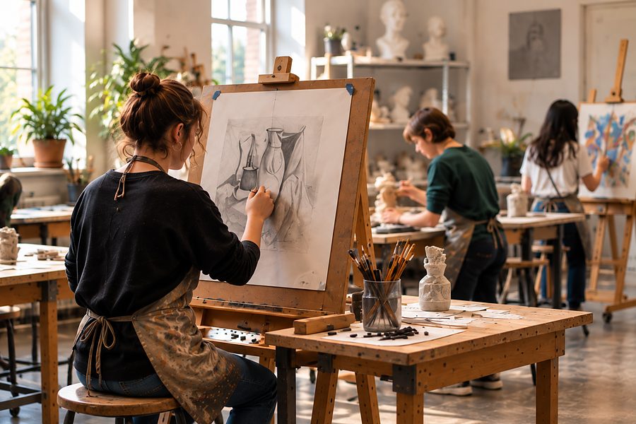 A student drawing a still life at an easel in a sunlit art studio