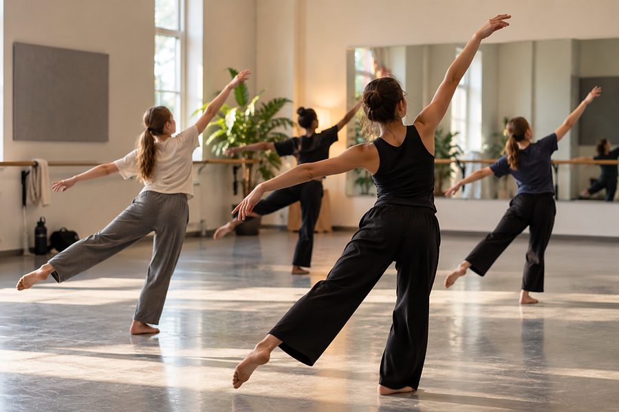 Dancers mid-phrase in a sunlit studio, seen from behind