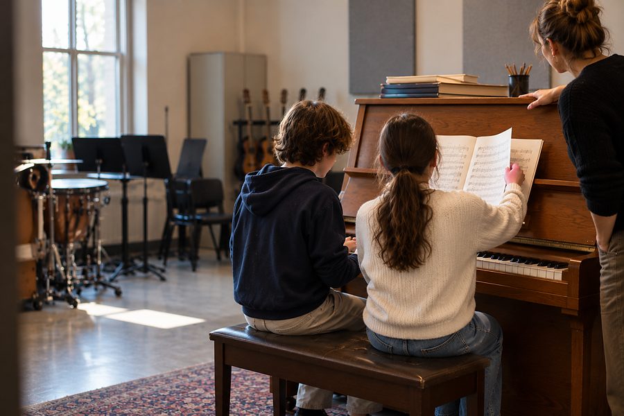Two students at an upright piano, a teacher standing beside them