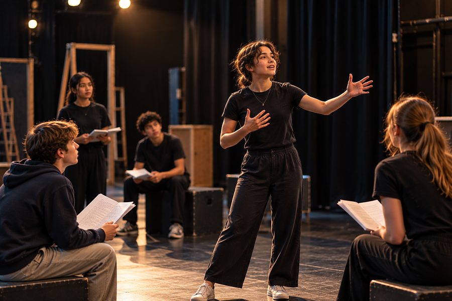 A theatre student rehearsing a monologue while classmates follow along in their scripts